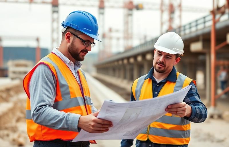 Engenheiros analisando projeto em obra