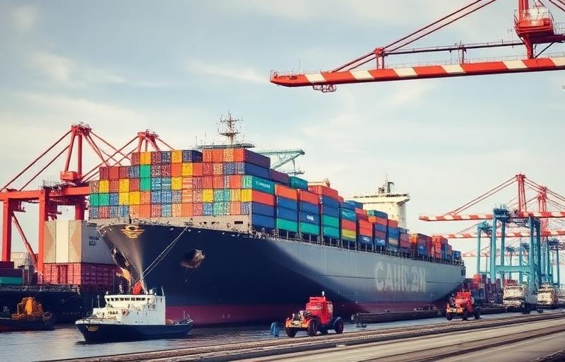 Navio cargueiro em porto internacional